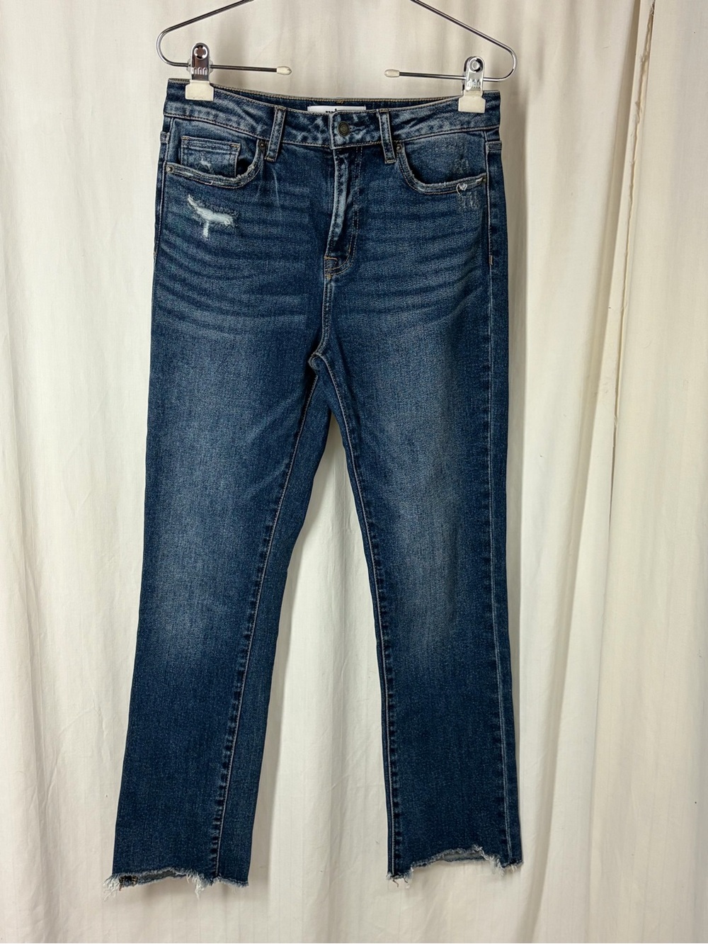 Mica 27 Super High Rise Straight Jeans Distressed Raw Fray Hem Dark Rinse